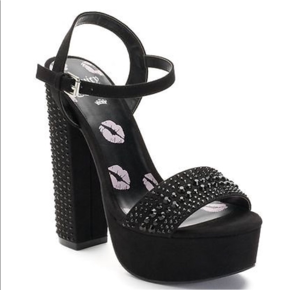 JUICY COUTURE black rhinestone platform heels strappy 8.5 - Picture 5 of 7